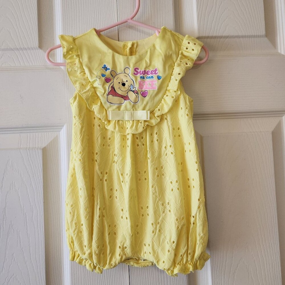 18M Winnie The Pooh Baby Girl Yellow Eyelet Romper With Ruffle Details Sweet As